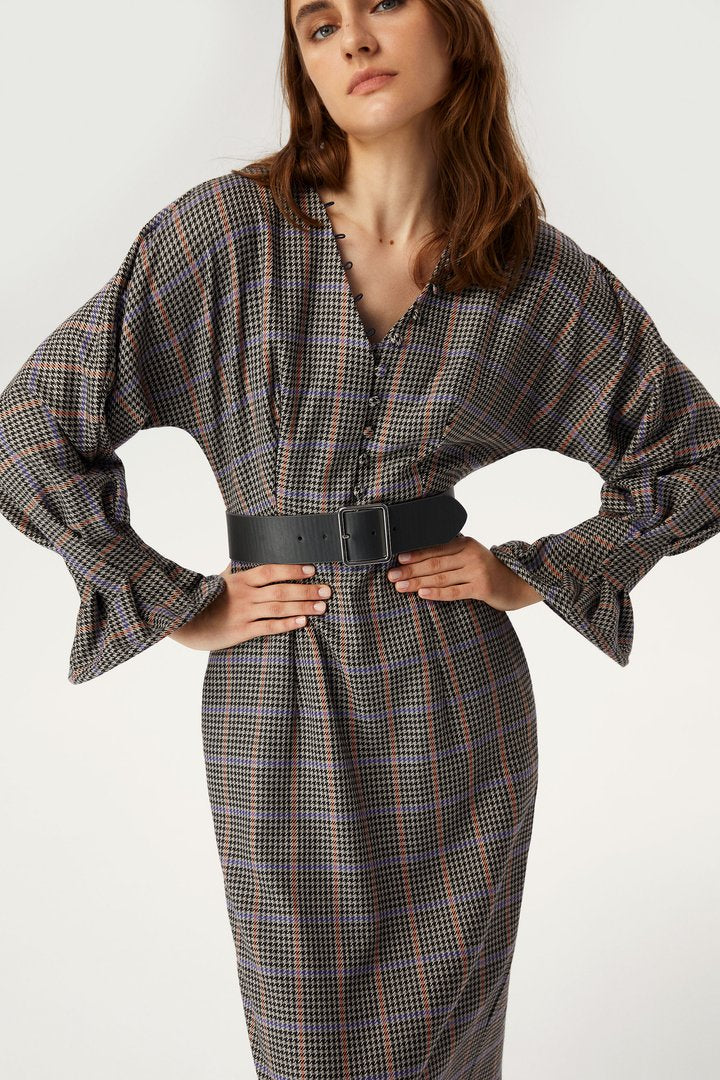 Volan Kollu Ekose Elbise