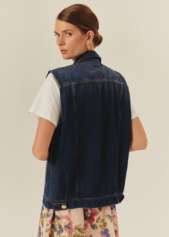 Taş Detaylı Pamuk İndigo Denim Yelek