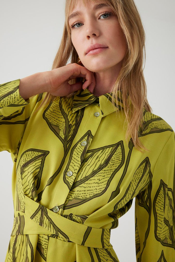 Çiçek Desenli Yeşil Midi Gömlek Elbise