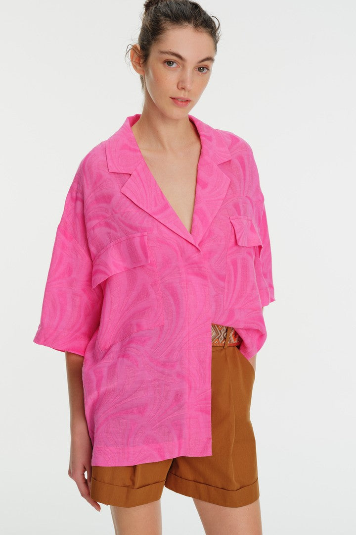 Düşük Kol Düz Kesim Jakar Gömlek