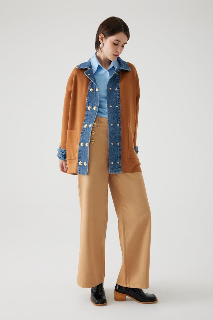 Kahverengi Denim Garnili Oversize Camel Hırka