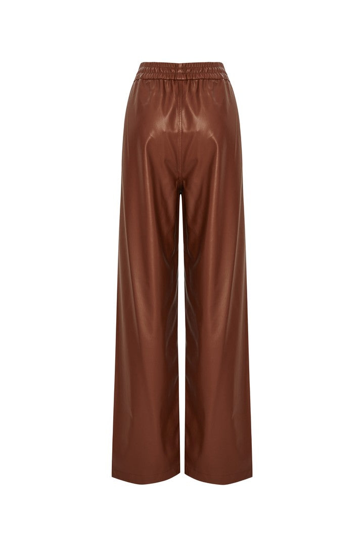 Cepli Beli Lastikli Vegan Deri Regular Taba Pantolon