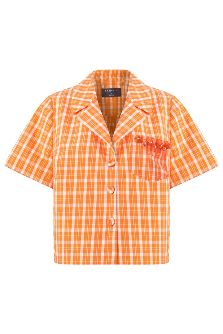 İşleme Detaylı Arkası lastikli Kısa Kol Pamuk Gömlek