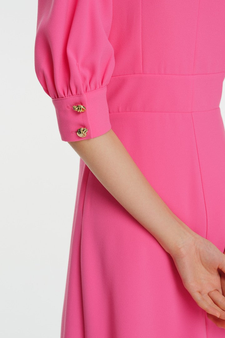Karpuz Kol Gömlek Yaka Midi Krep Elbise