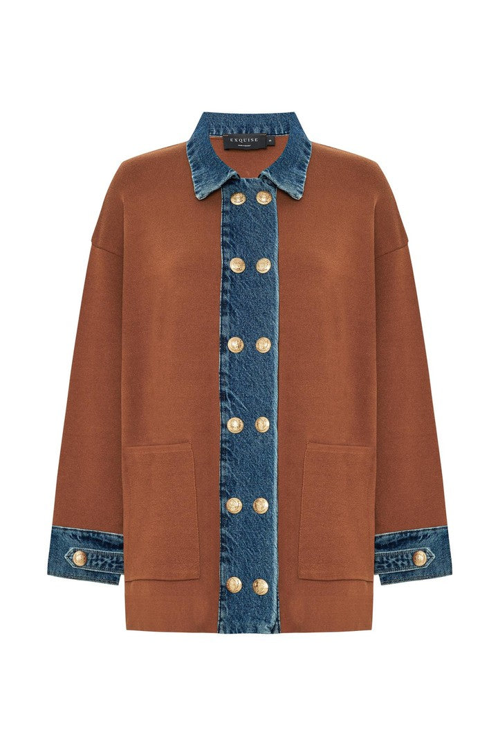 Kahverengi Denim Garnili Oversize Camel Hırka