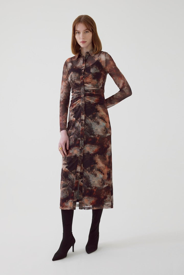 Soyut Desenli Slim Fit Tül Midi Elbise