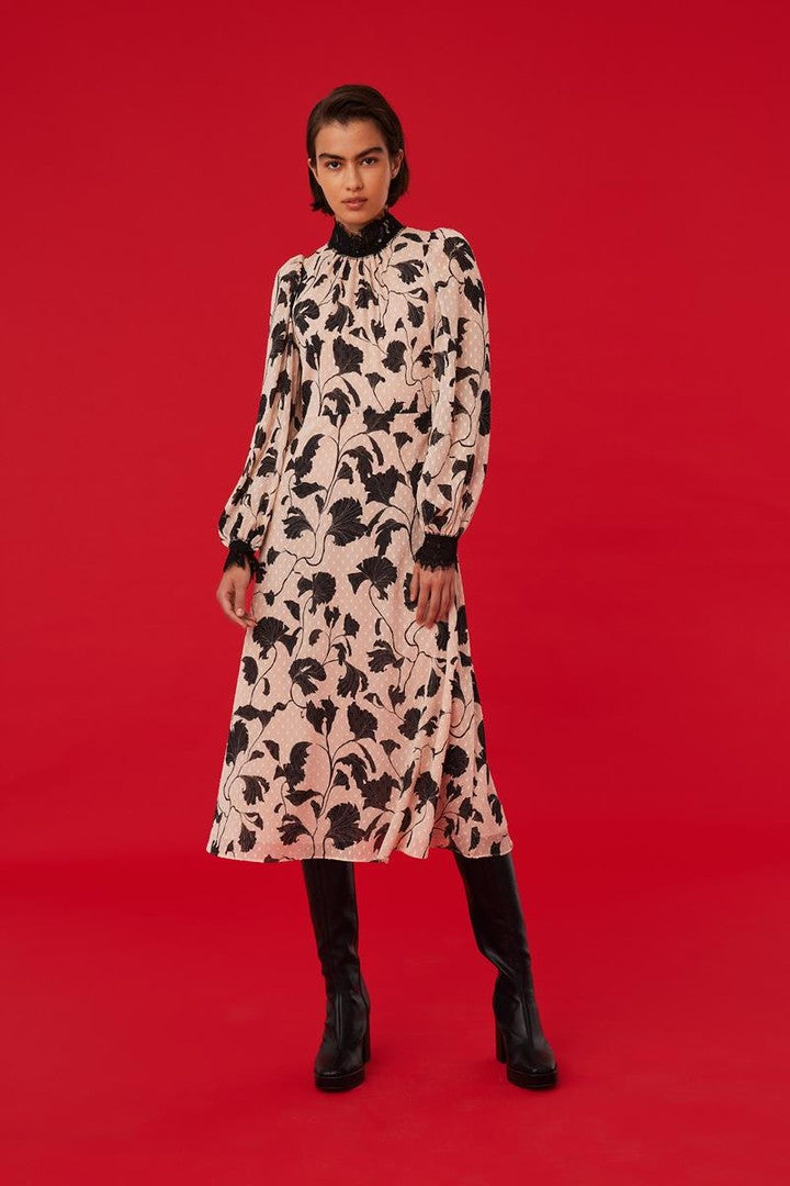 Dantel Detaylı Desenli Midi Elbise