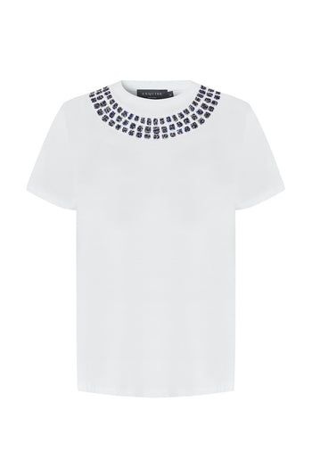 Yakası İşleme Detaylı Bisiklet Yaka Beyaz Regular Pamuklu Örme Tişört