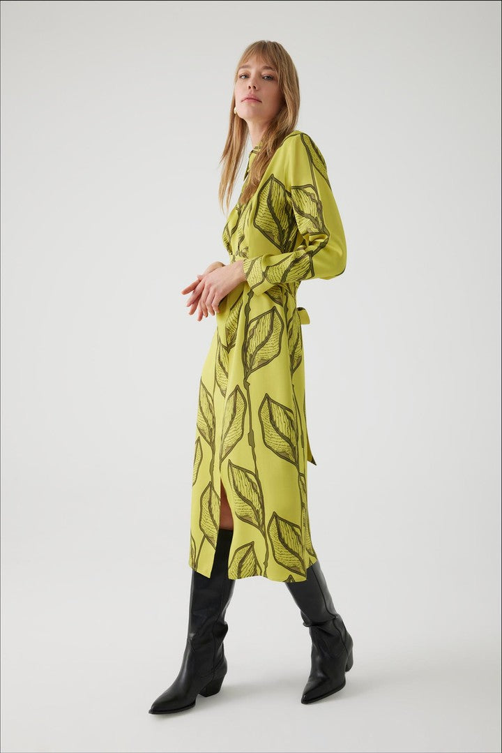 Çiçek Desenli Yeşil Midi Gömlek Elbise