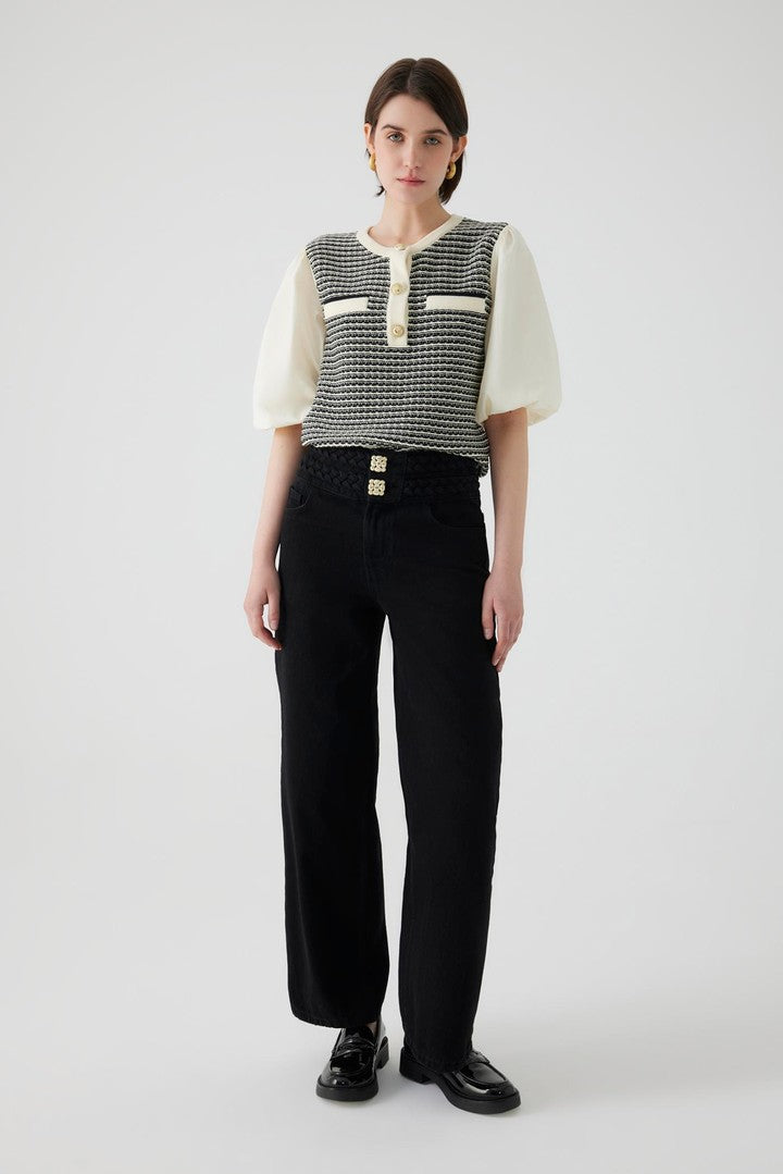 Kemer ve Düğme Detaylı Geniş Paçalı Pamuk Regular Siyah Denim