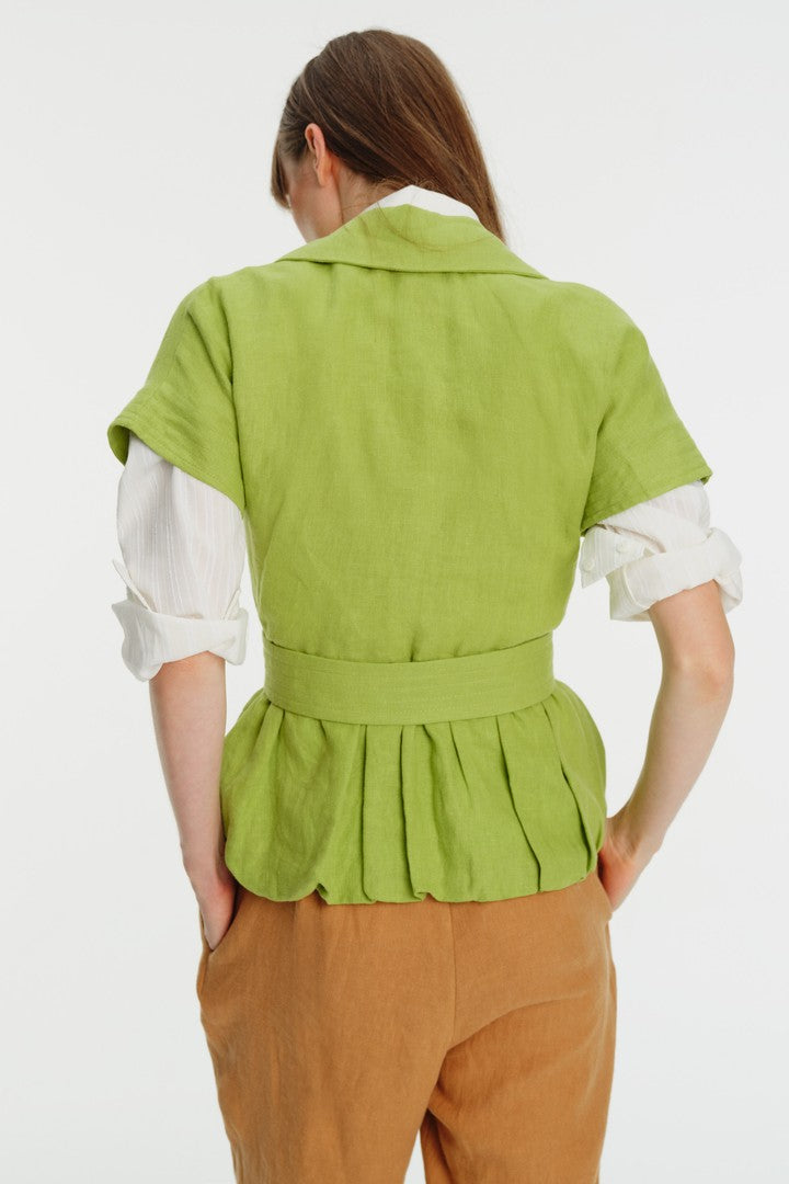 İşlemeli Düşük Kol Balon Kesim Keten Gömlek