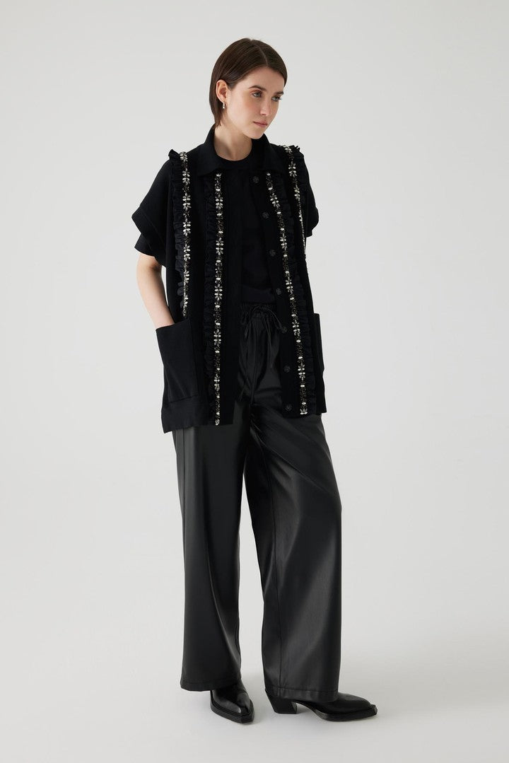 Kristal Taşlı El İşlemeli Oversize Triko Yelek