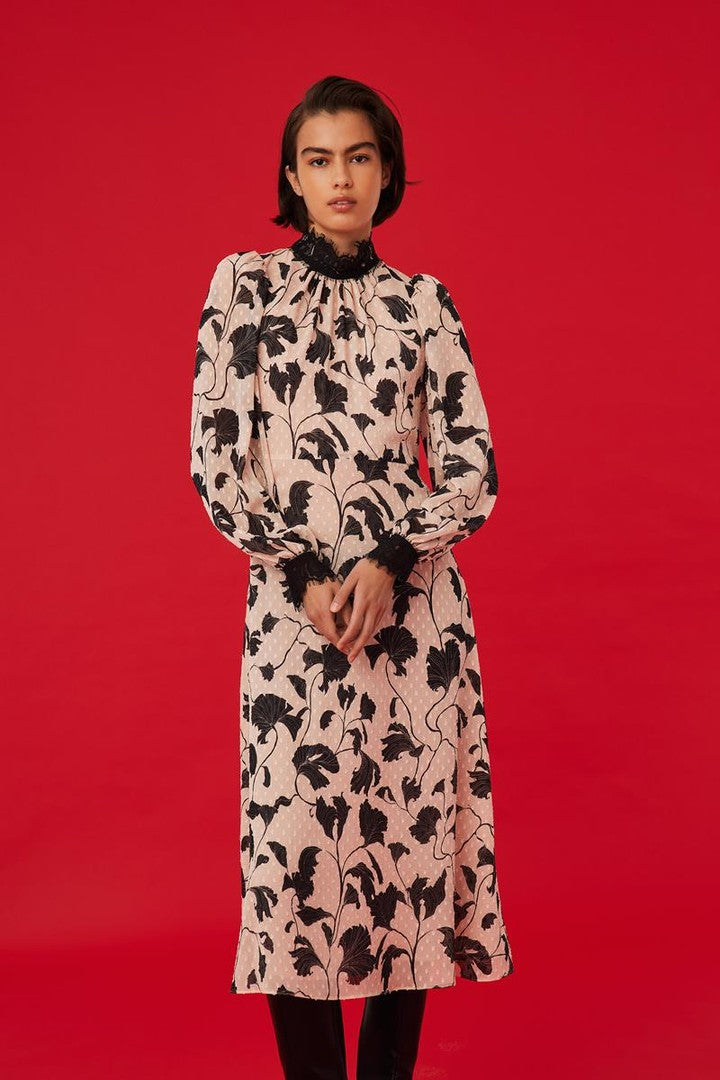 Dantel Detaylı Desenli Midi Elbise