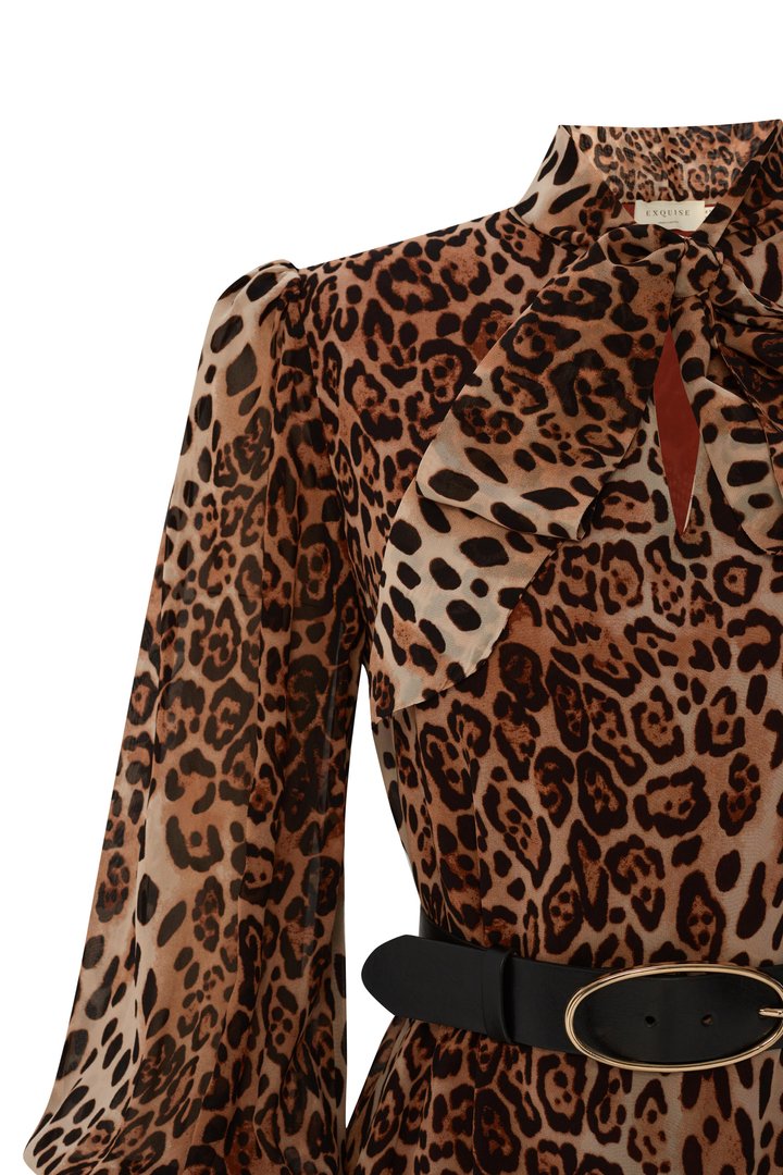 Leopar Desenli Cepli Rahat Kesim Midi Elbise