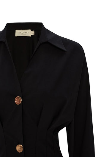 Bele Oturan Düğme Detaylı Pamuk Midi Gömlek Elbise