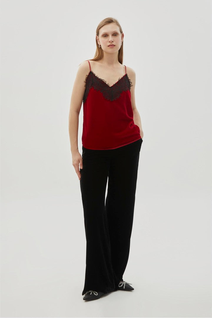 Kadife Dantel Detaylı V Yaka Regular Bluz