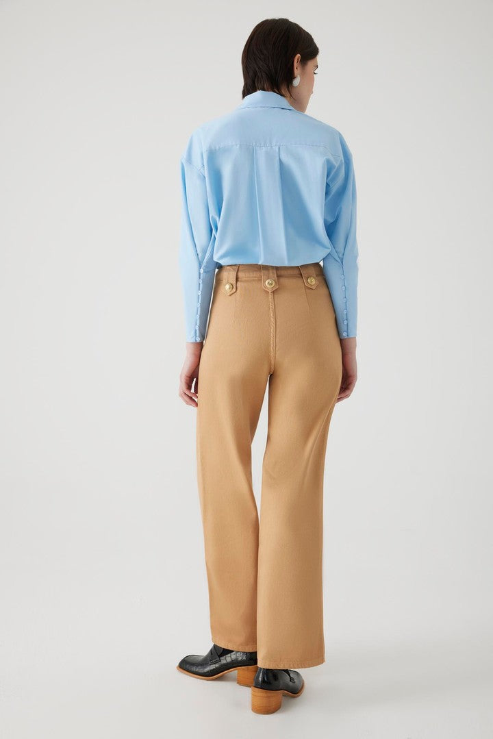 Düğme Detaylı Pamuk Regular Camel Denim