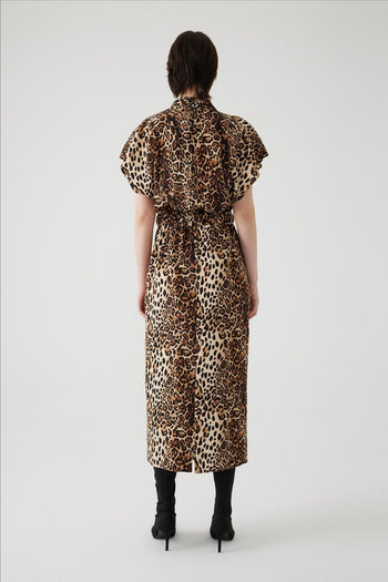 Leopar Desenli Kemerli Kolsuz Midi Elbise