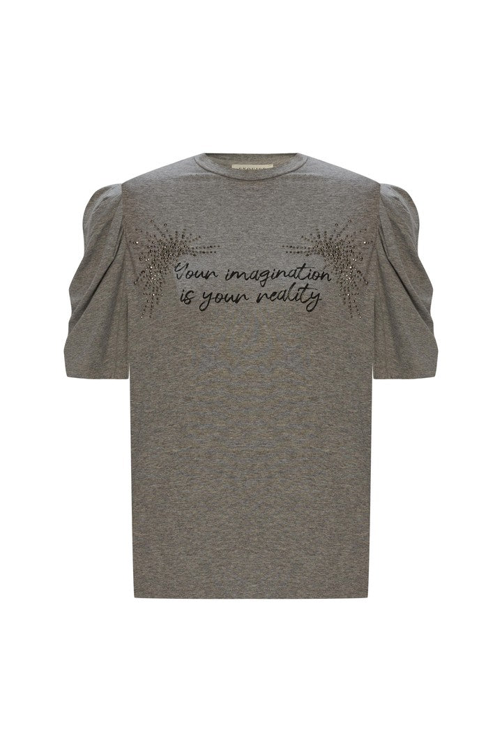 Taşlı ve Baskılı Bisiklet Yaka T-Shirt