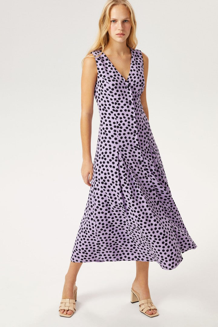 V Yaka Düğmeli Midi Elbise