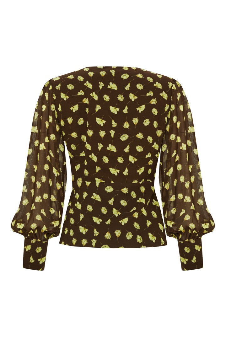 Çiçek Desenli Kruvaze Yaka Slim Fit Bluz