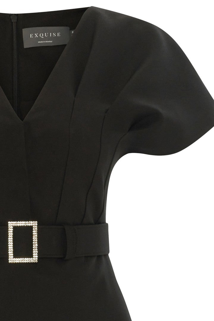 Kemerli Slim Fit Midi Siyah Elbise