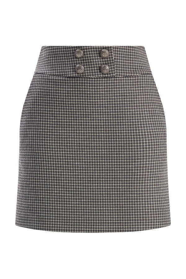 Düğme Detaylı Küçük Pötikare Desenli Regular Mini Etek