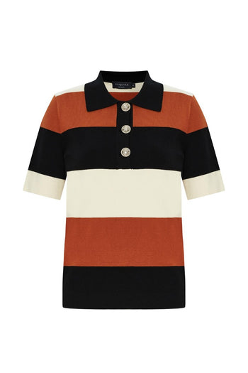 Polo Yaka Çizgili Triko Bluz