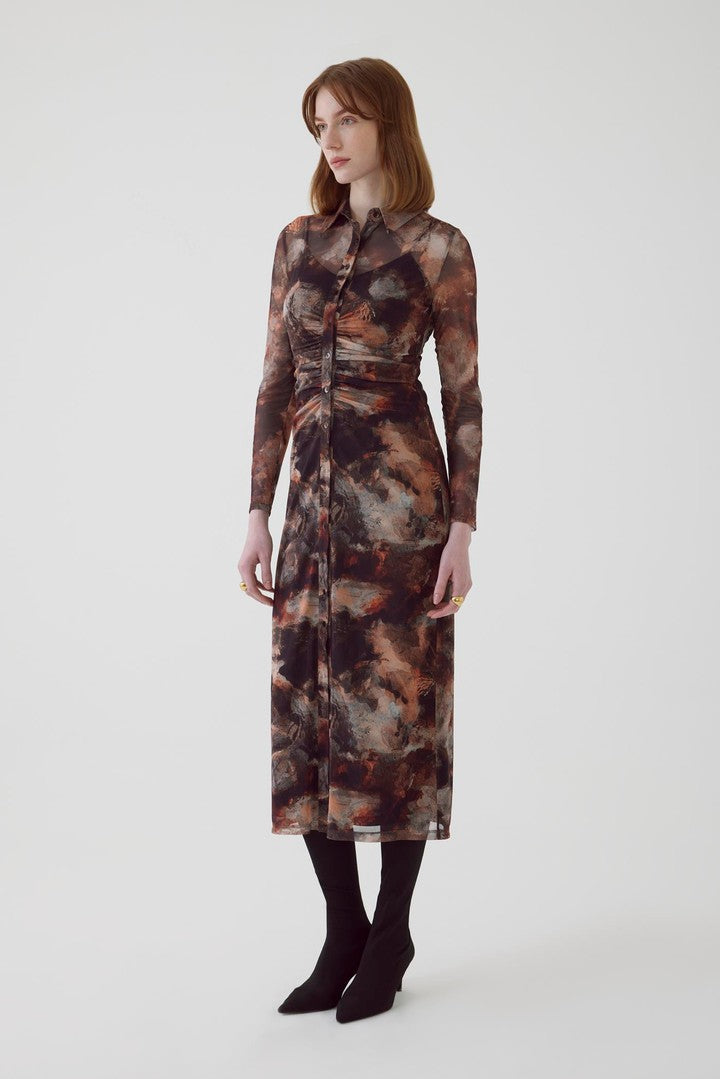 Soyut Desenli Slim Fit Tül Midi Elbise