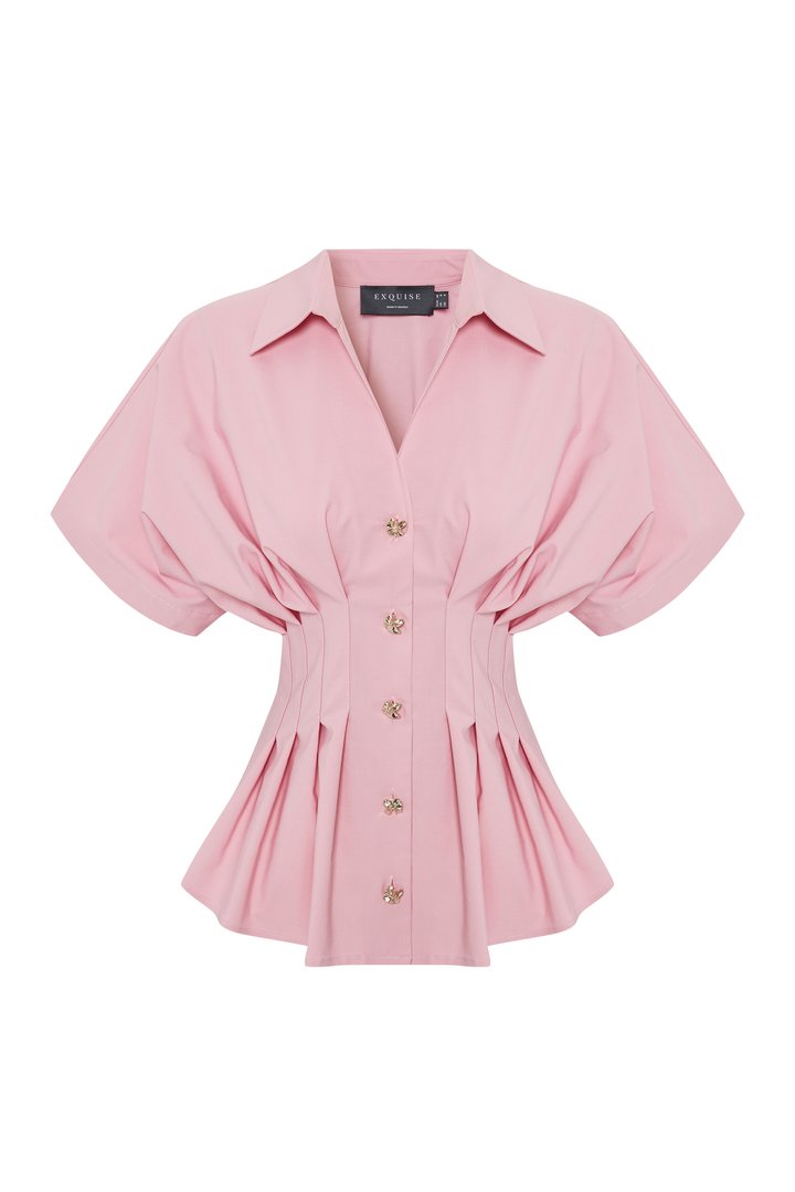 Düşük Kollu Bele Oturan Pileli Poplin Gömlek