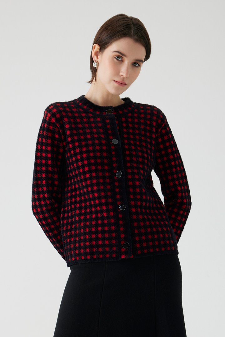 Bisiklet Yaka Geometrik Desenli Regular Triko Hırka