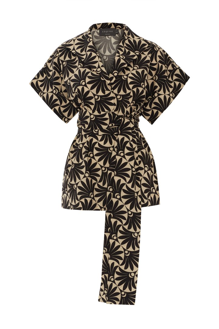 Kruvaze Kesimli Yaprak Desenli Bluz