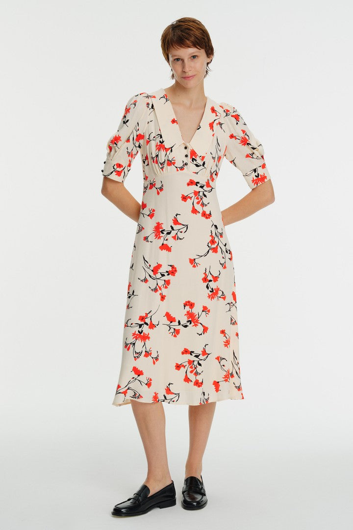 Karpuz Kol Bebe Yaka Çiçek Desenli Midi Elbise