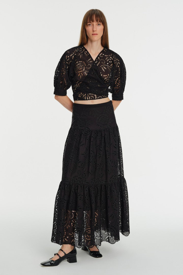 Büzgülü Yüksek Bel Midi Boy Brodeli Etek