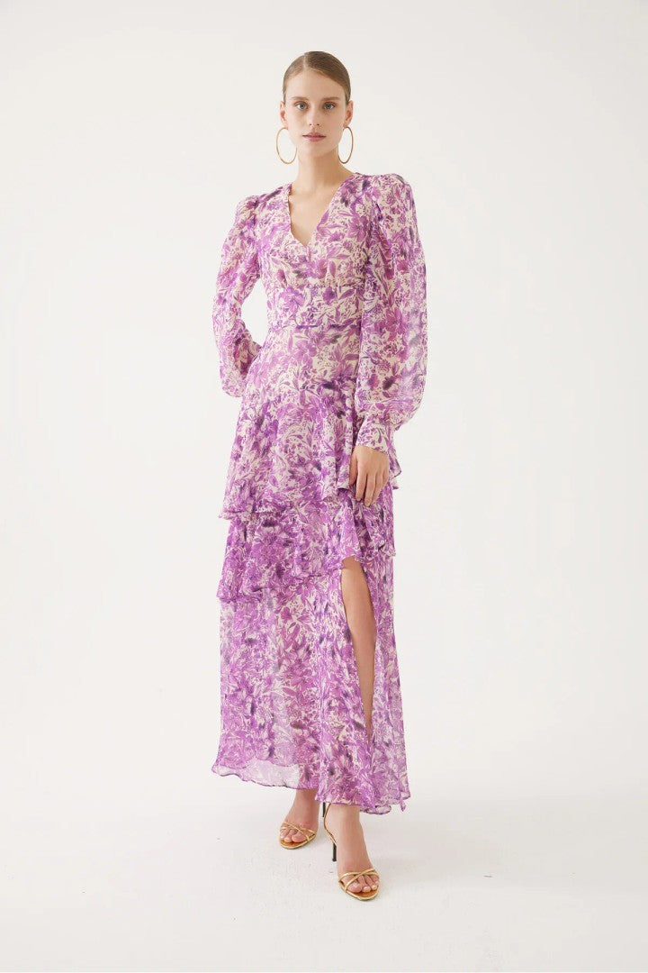 Çiçek Desenli Uzun Kollu Maxi Elbise