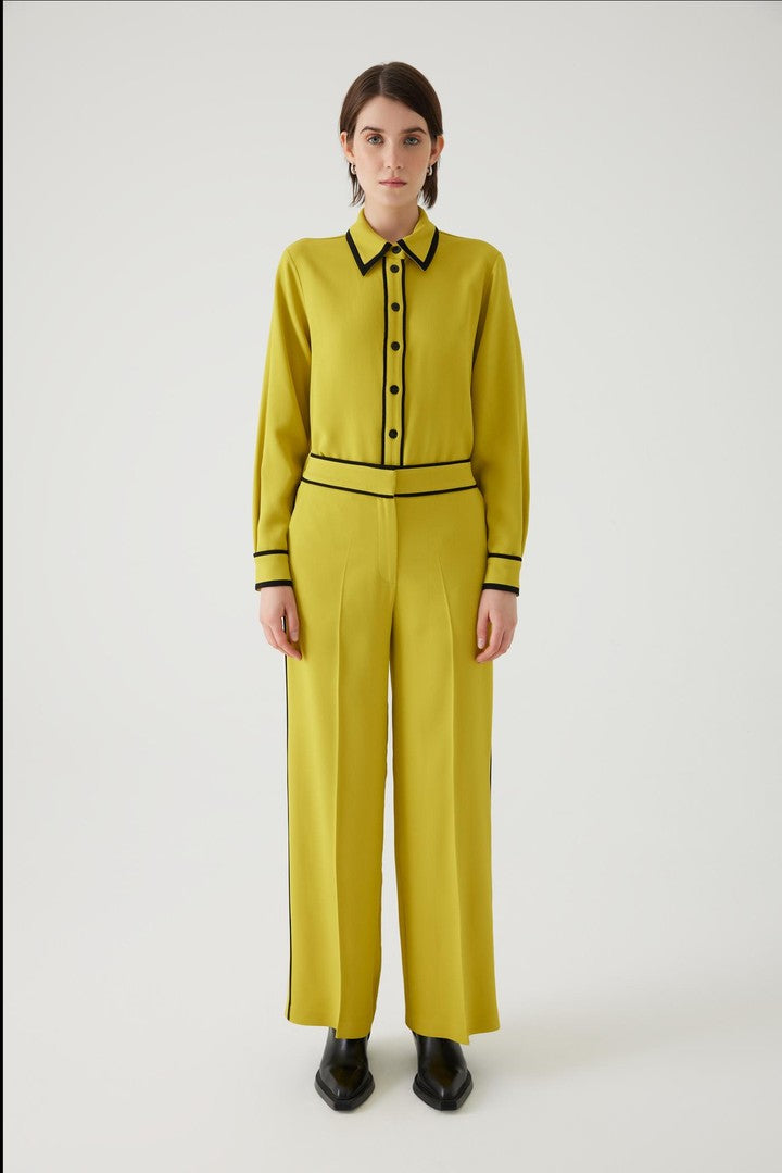 Beli Lastikli Biye Detaylı Regular Örme Sarı Pantolon