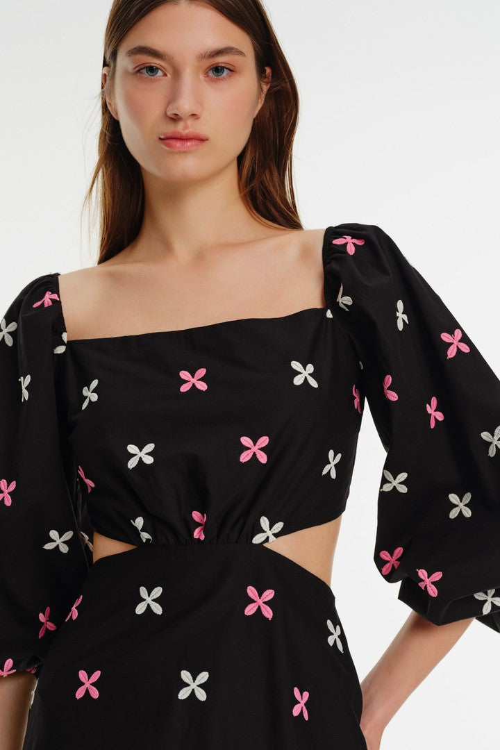 Çiçek Desenli Sırt Dekolte Detaylı Midi Elbise