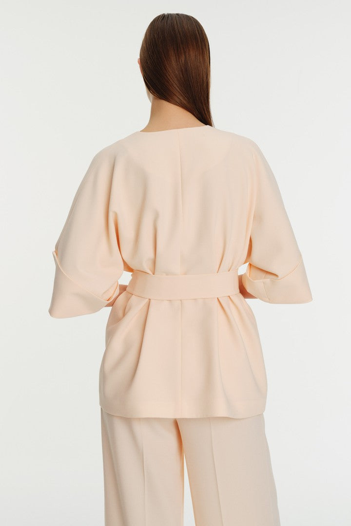 Kuşaklı İşlemeli Rahat Kesim Kısa Kol Crep Ceket