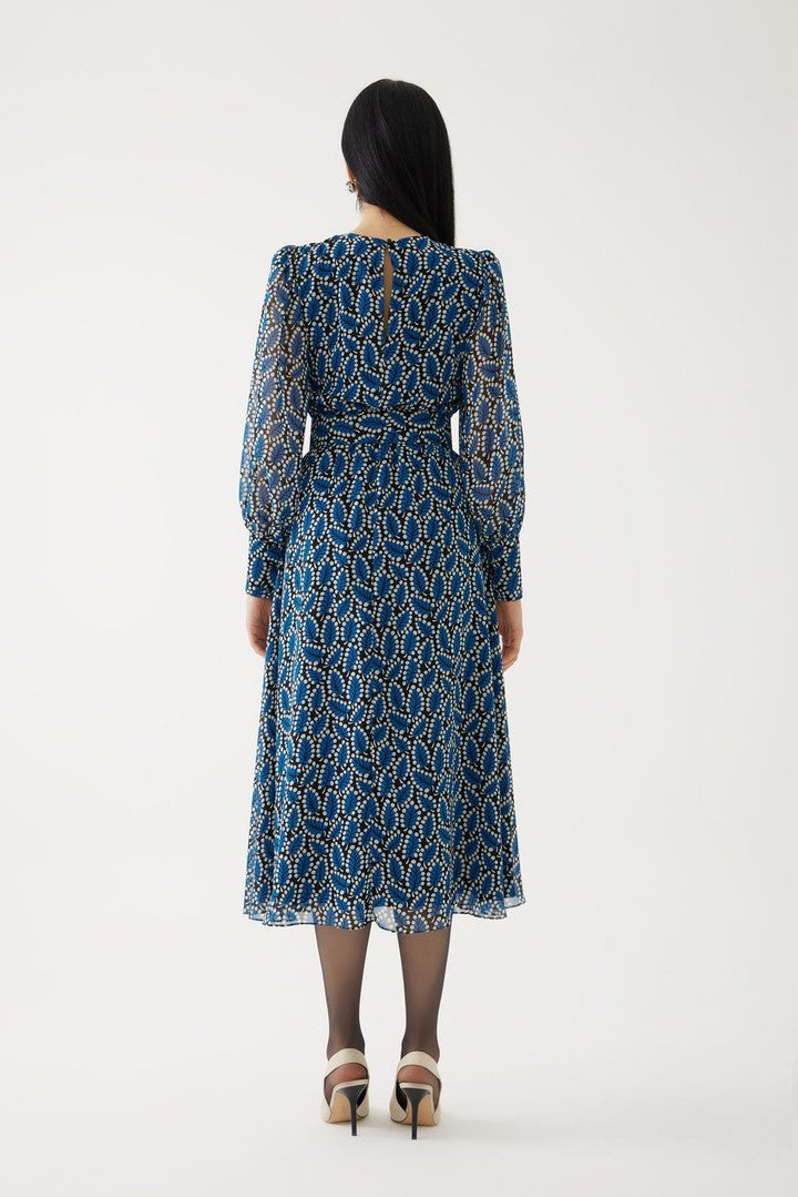 Balon Kollu Yaprak Desenli Elbise