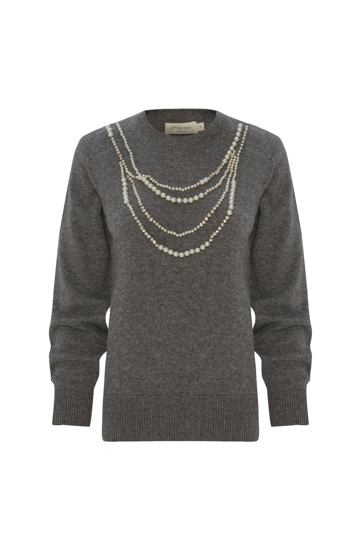 Boncuk Aksesuarlı Elişili Kaşmirli Regular Triko Kazak