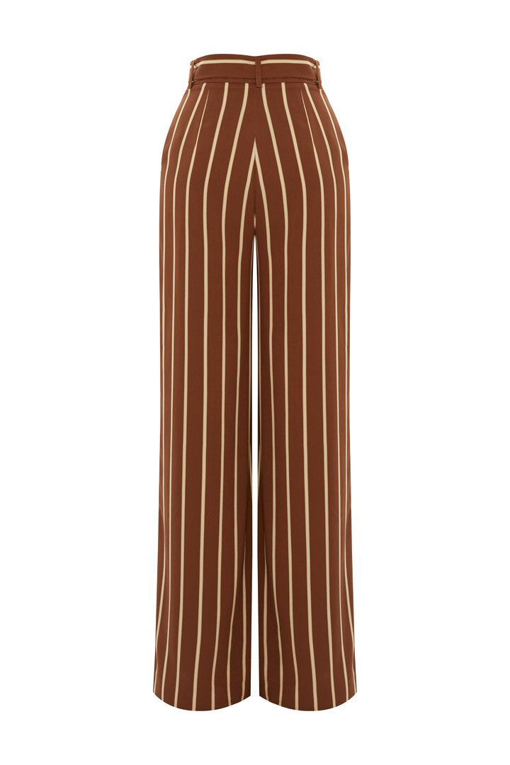 Çizgili ve Kemerli Bol Paça Pantolon