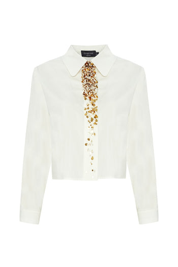 İşleme Detaylı Pamuk Düz Kesim Ekru Gömlek