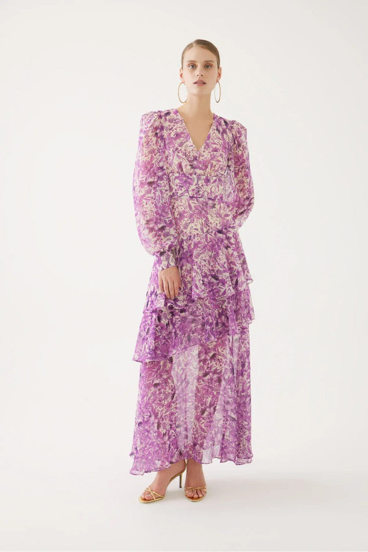 Çiçek Desenli Uzun Kollu Maxi Elbise