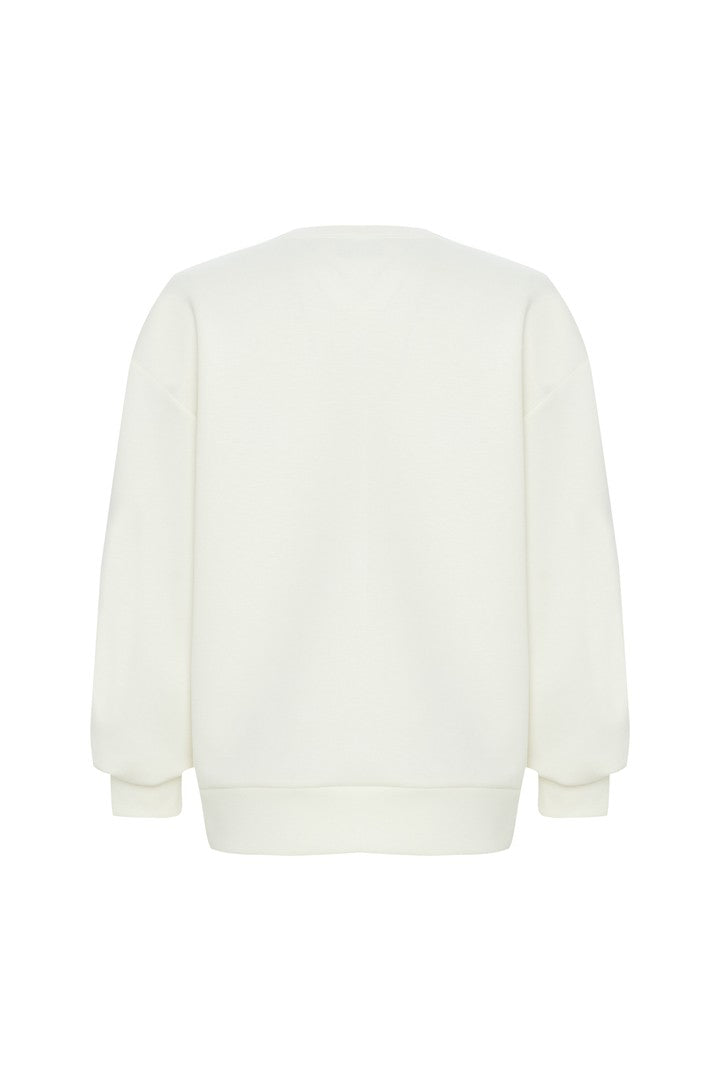 Palmiye El İşlemeli Oversize Ekru Sweatshirt