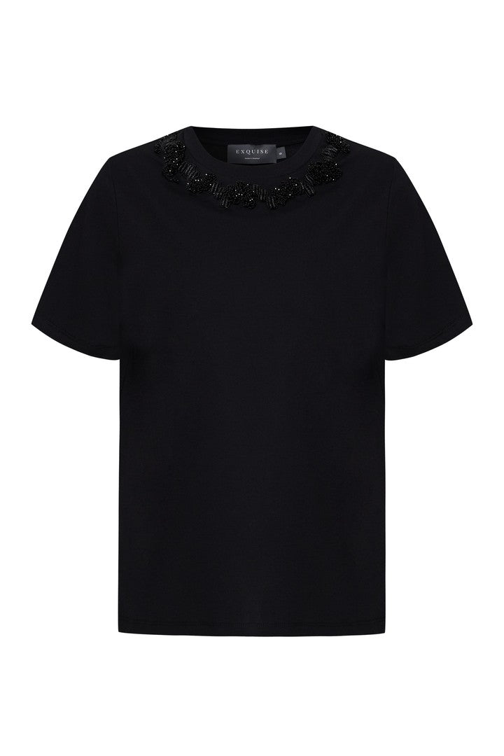İşleme Detaylı Siyah Regular Pamuklu Örme Tişört