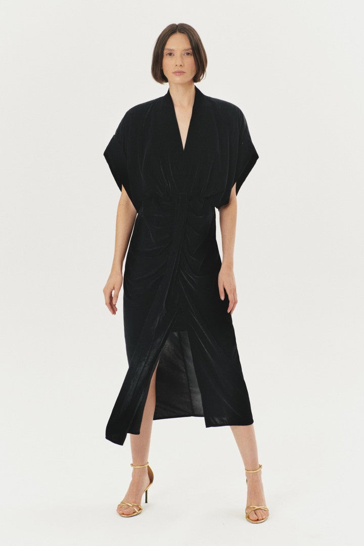 V Yaka Kadife Midi Elbise