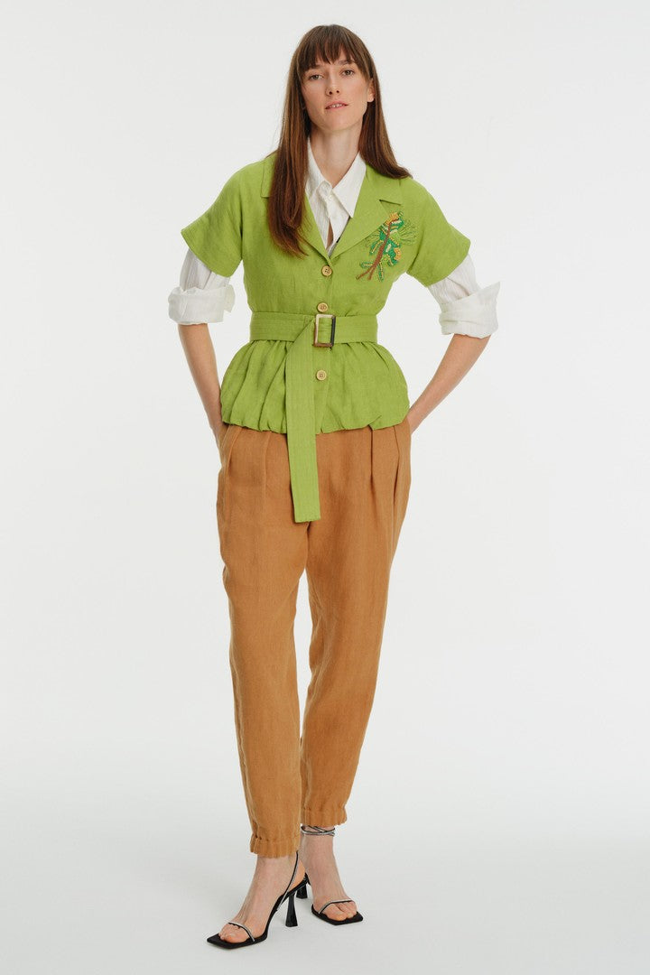 İşlemeli Düşük Kol Balon Kesim Keten Gömlek