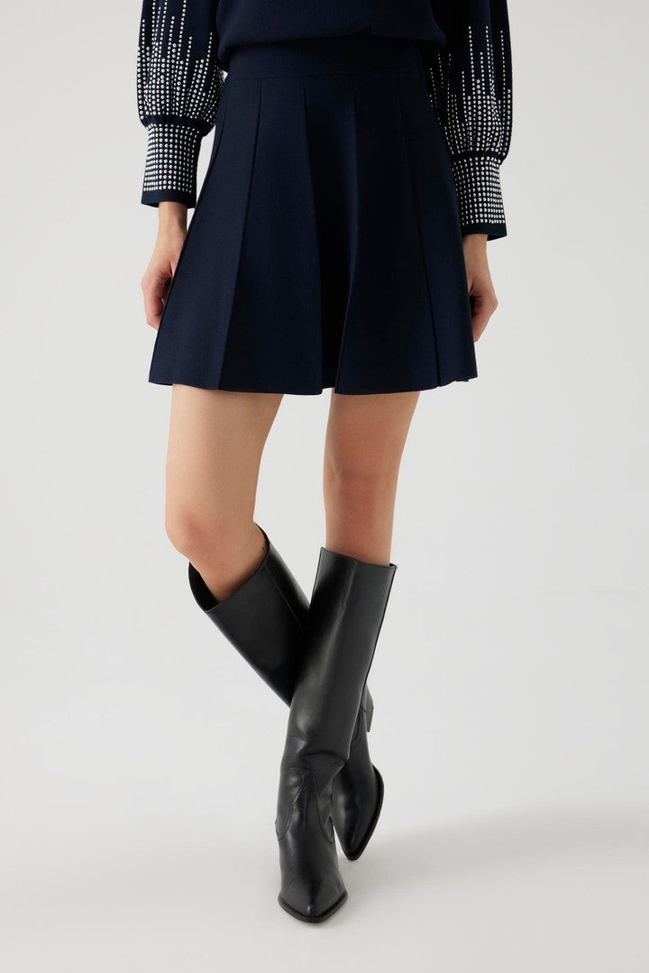 Pileli Regular Lacivert Mini Triko Etek