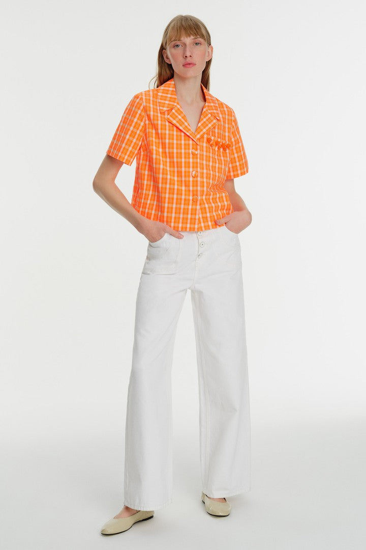 İşleme Detaylı Arkası lastikli Kısa Kol Pamuk Gömlek