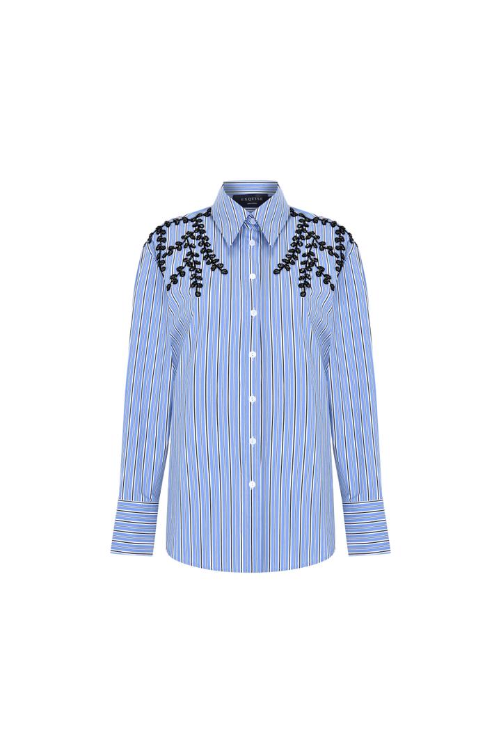 Omuzları Taş İşlemeli Regular Fit Çizgili Gömlek